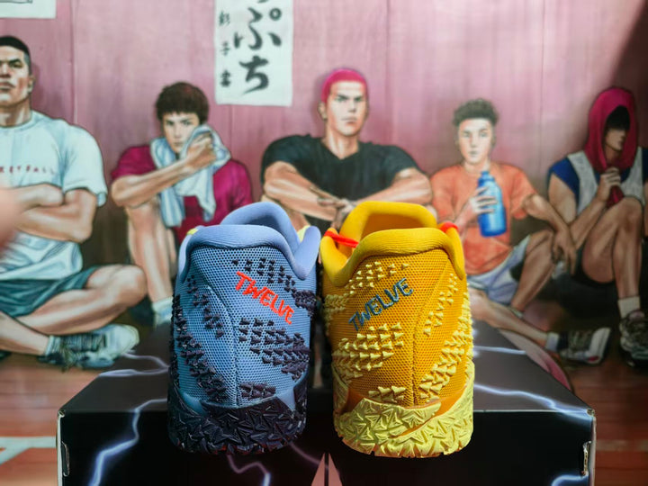 Pair of yellow-and-blue mismatch basketball sneakers shown from the heel, with textured uppers and contrasting branding.