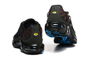Rear view of Nike Air Max Plus sneakers with visible heel cushioning and blue outsole details.