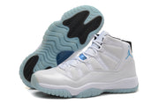 White Jordan sneaker beside an outsole view showing light blue rubber and black traction sections.