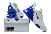 White and blue Nike Air Max 270 Premium sneakers shown with a labeled shoe box.