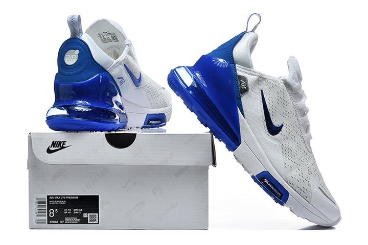 White and blue Nike Air Max 270 Premium sneakers shown with a labeled shoe box.