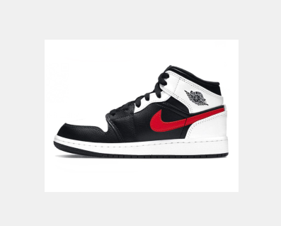 Side view of black, white, and red Jordan sneakers with a red swoosh and winged basketball emblem.