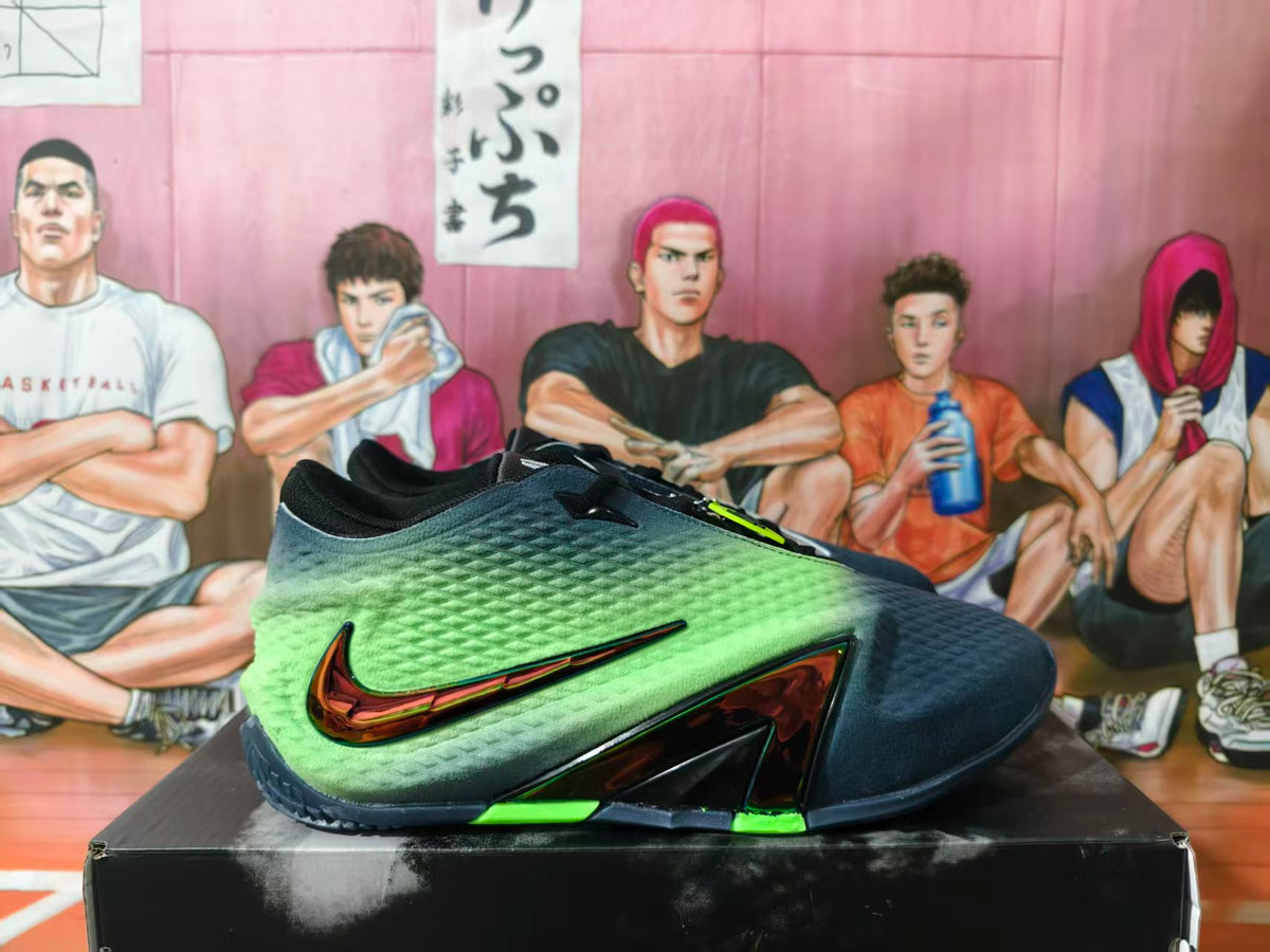Side view of a navy and bright green Nike low-top basketball shoe with a dark metallic-look Swoosh.