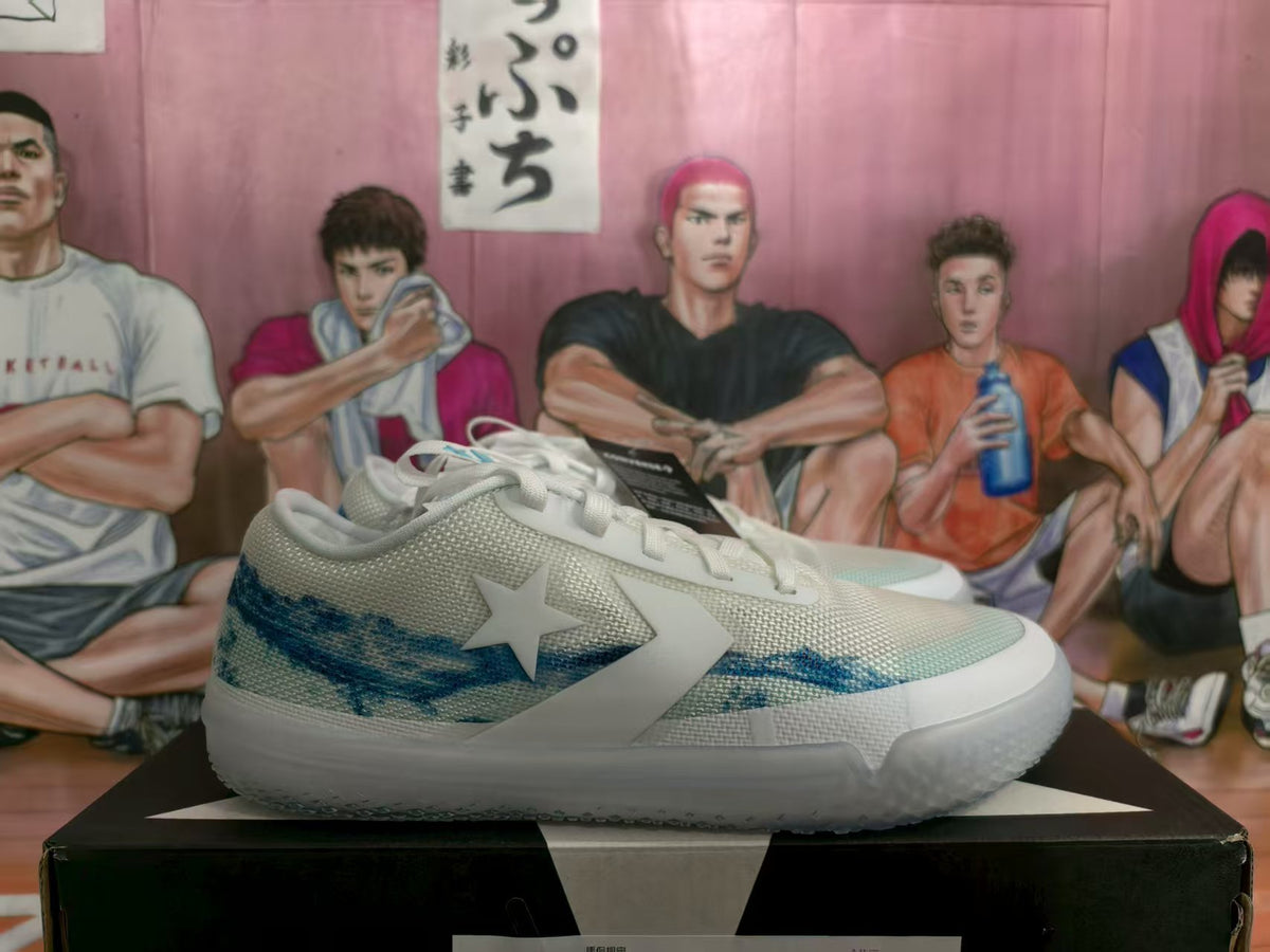 Side view of white and blue low-top sneakers with a contrasting side stripe and star detail.