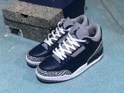 Navy and grey Air Jordan 3-style sneakers with white laces and elephant-print toe overlays.