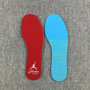 Two removable-looking insoles displayed side by side in red and blue.