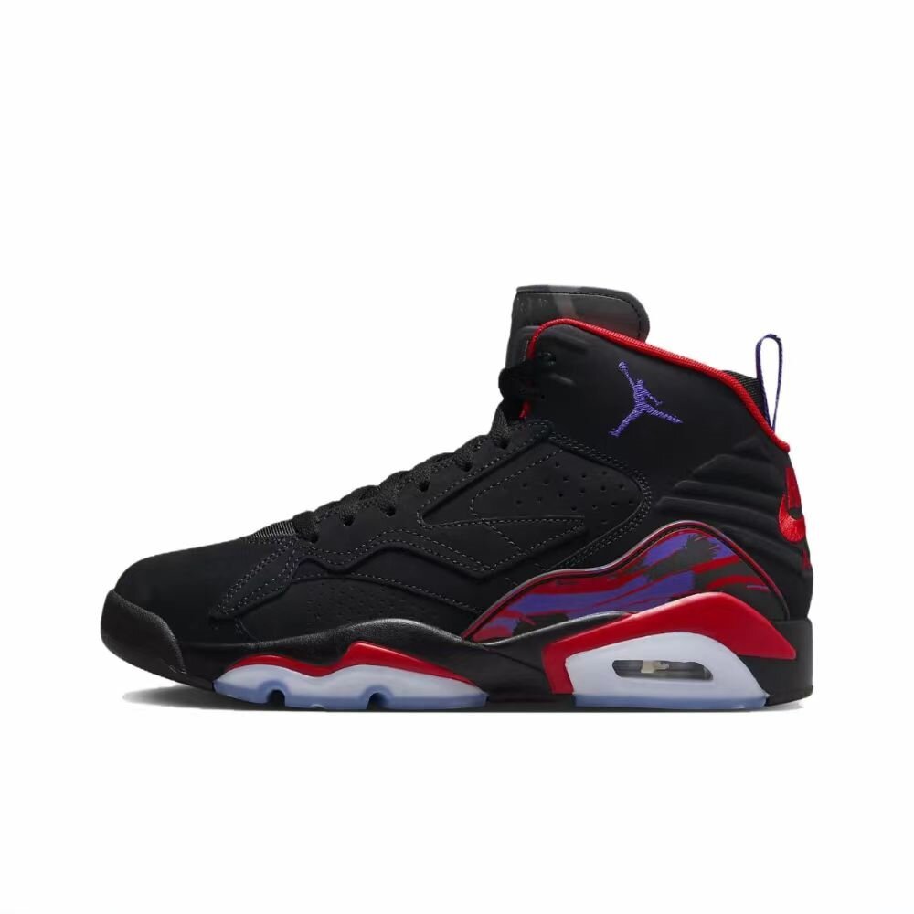 Black high-top Jordan sneaker with purple branding, red accents, and translucent outsole sections.