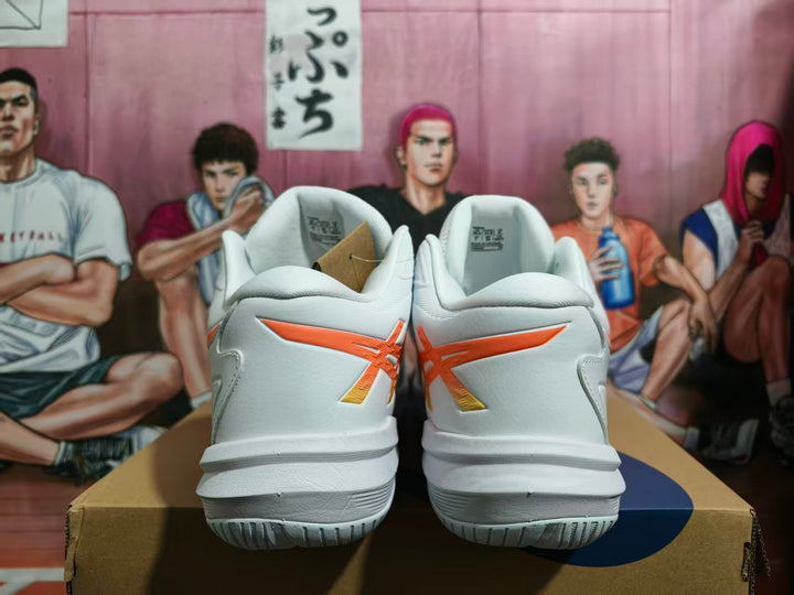 Rear view of white ASICS Sky Elite FF 3 shoes with orange and yellow heel accents