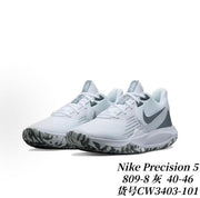 Nike Precision 5 sneakers in white and light gray with a mottled outsole; image text identifies style 809-8 and CW3403-101.