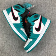 Pair of Air Jordan 1 high-tops arranged diagonally, showing teal panels, white sections, and black accents.