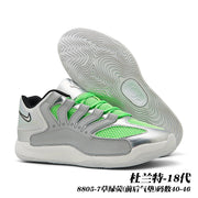 White and gray basketball sneakers with bright green mesh and laces; image text identifies style 8805-7 and sizes 40-46.