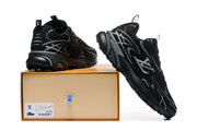 Black and silver graphic sneakers displayed with a shoebox; the label is too small to confirm a size.