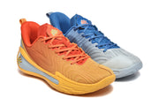 Three-quarter view of the blue and orange mismatched sneakers.