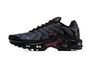 Side view of black, grey and deep red Nike Air Max Plus sneakers.