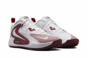 White and red Nike basketball sneakers with red accents and red outsoles.