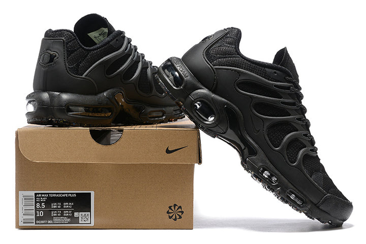 Black Nike Air Max Plus TN-style sneakers shown with a shoe box; the box label displays sample size 8.5 UK and 42 EU.