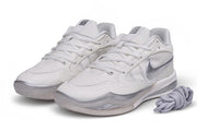 Pair of white Nike Sabrina 4 shoes with silver accents, viewed from the front