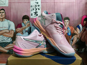 Pair of pink and gray ASICS Sky Elite FF 3 high-top volleyball shoes, shown from the side.
