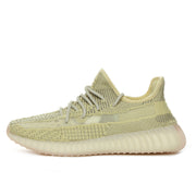 Profile view of an olive green Yeezy 350 V2 sneaker with a low-cut collar, lace closure, and translucent sole.