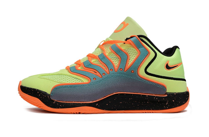 Side view of lime, orange, teal, and black Nike KD 18 basketball shoe