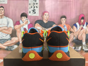 Rear view of blue, green, orange, and black sneakers.