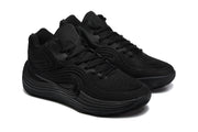 Pair of black Nike sneakers shown from a front three-quarter side angle.