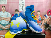 Angled view showing the high-top collar, side branding, layered midsole, and patterned outsole.