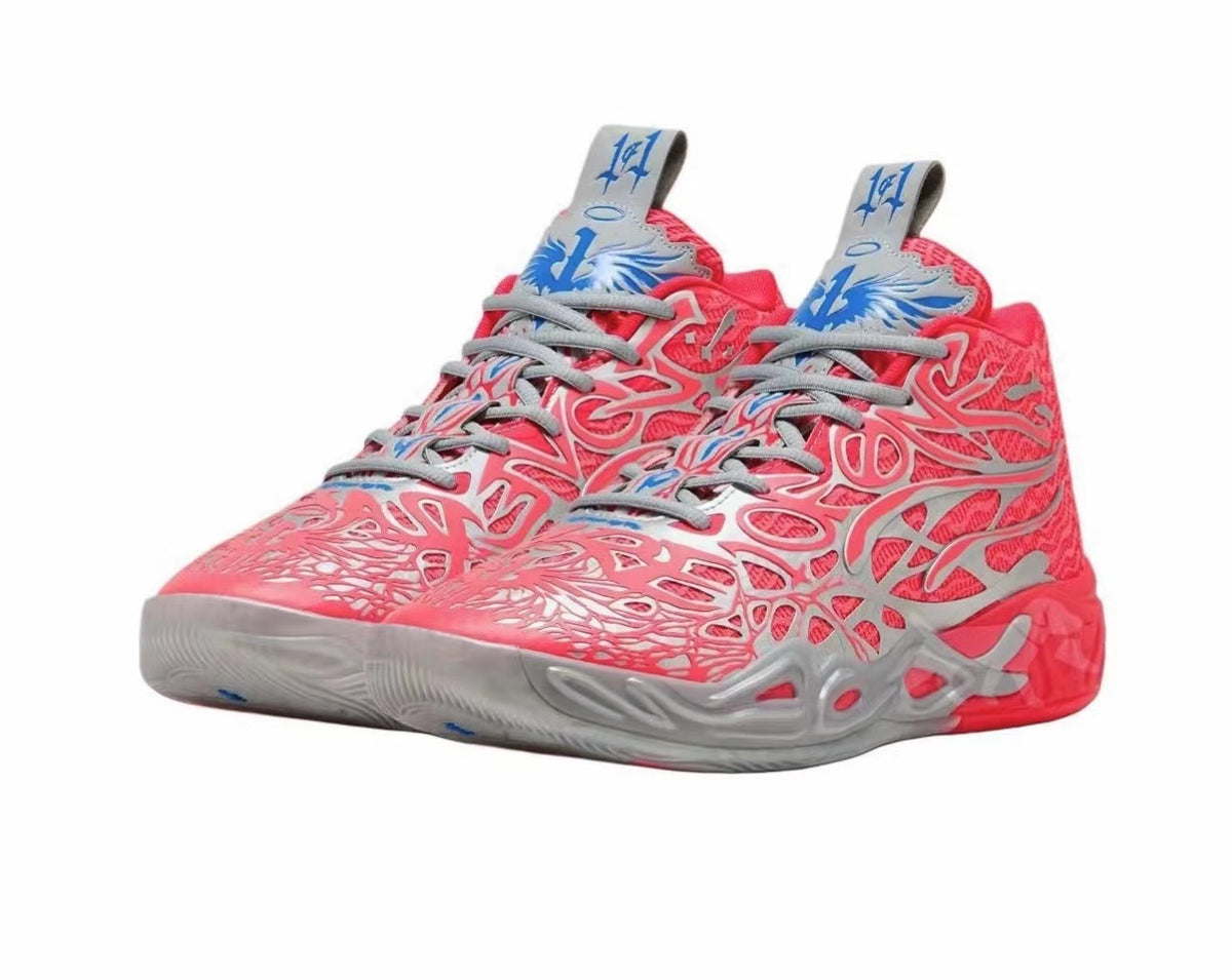 Pair of pink low-top basketball sneakers with gray patterned overlays, blue accents, and gray outsoles