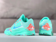 Rear views of the shoes showing the turquoise heel and multicolor heel panels.