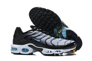 Nike Air Max Plus sneakers shown from the side and outsole in black, silver-gray, blue, and white.