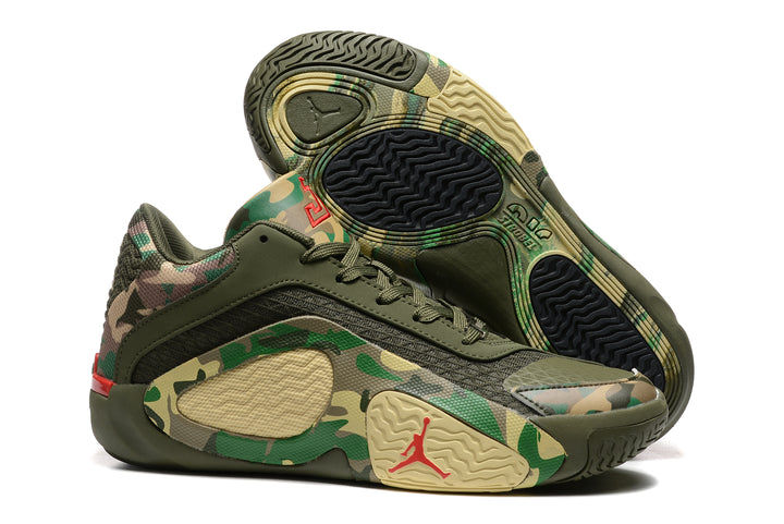 Jordan Tatum 2 shoe in green and tan camouflage with an olive outsole