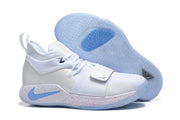 White Nike PG 2 basketball shoe with a forefoot strap and translucent light-blue outsole