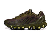 Side view of olive and brown Nike Air Max DN sneakers showing the patterned upper and sculpted sole.