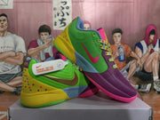 Angled view of multicolor Nike basketball shoes showing the green side panel, pink Swoosh, and contrasting heel