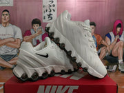 Angled view of a pair of white Nike Air Max sneakers displaying the side Swoosh, heel branding, and segmented black-and-white soles.