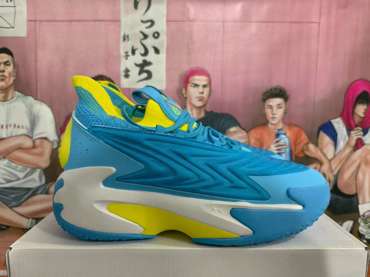 Side view of blue, white, and yellow AE1 Low basketball sneakers displayed on a box