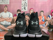 Rear view of black high-top basketball shoes showing Under Armour heel logos and white-speckled collars.