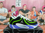 Side view of the basketball shoes with lime accents and purple-and-white midsole