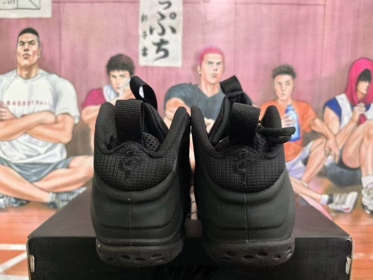 Rear view of a pair of all-black high-top basketball sneakers with heel pull loops.