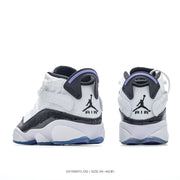 Rear view showing Jordan branding, AIR lettering, heel supports and purple accents.