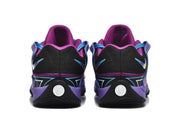 Rear view of purple and black Nike KD basketball shoes.