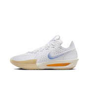 Side view of a white Nike GT Cut 3 sneaker with a speckled blue Swoosh and orange midsole accent.