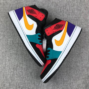 Pair of multicolor Jordan high-top sneakers shown from opposing side angles.