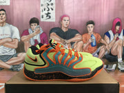 Side profile of a lime-green, teal and orange Nike basketball shoe