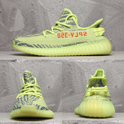 Collage showing side, front, and rear views of the lime green knit sneaker.