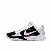Black, white, and red Nike Kobe 5-style basketball shoe with a white Swoosh.