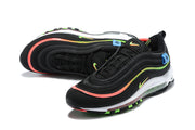 Black Nike Air Max 97 sneakers with layered wavy overlays and bright green and coral details.