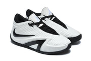 White and black Nike Kobe basketball shoes shown at an angled side view.