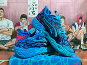 Pair of blue and red Puma basketball sneakers shown from the side on a matching box.