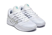 Angled front view of the white shoes with metallic Swooshes and teal tongue accents